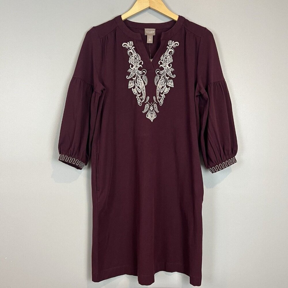 Chicos Purple Dress Size Medium Paisley Placket Embroidered‎ 3/4 Sleeve NWT